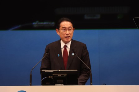 首脳級会合において、「熊本水イニシアティブ」を発表する岸田総理大臣