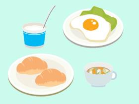 朝食、ロールパン、野菜スープ、目玉焼き、ヨーグルト