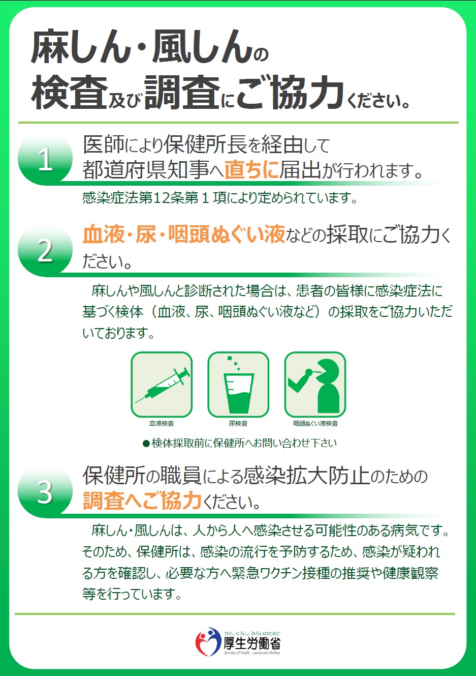 麻しん・風しん検査及び調査にご協力ください