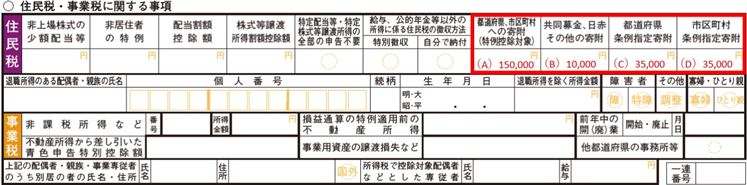 確定申告第二表　寄附金金額有