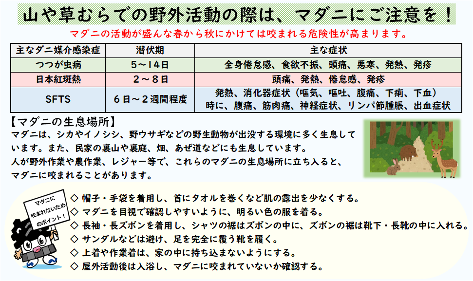 山や草むらでの野外活動の際は、マダニにご注意を！