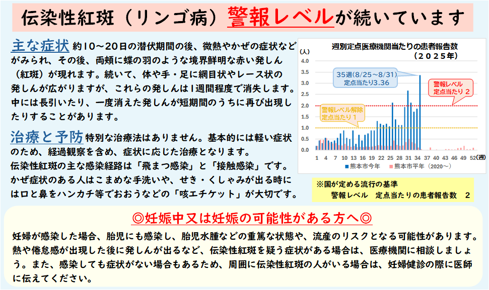 伝染性紅斑（リンゴ病）警報レベルが続いています