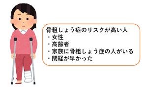 骨粗しょう症のリスクが高いのは、女性、高齢者、家族に骨粗しょう症の人がいる、閉経が早かったなどです。