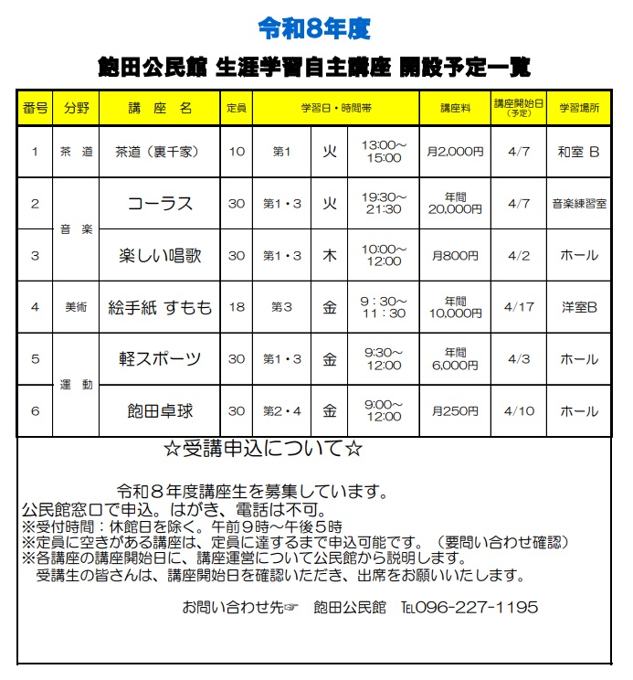 飽田公民館生涯学習自主講座　開設予定一覧
