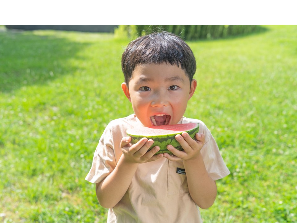 子どもがスイカを食べてる