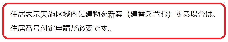 住居表示実施区域内に建物を新築（建替え含む）する場合は、住居番号付定申請が必要です。