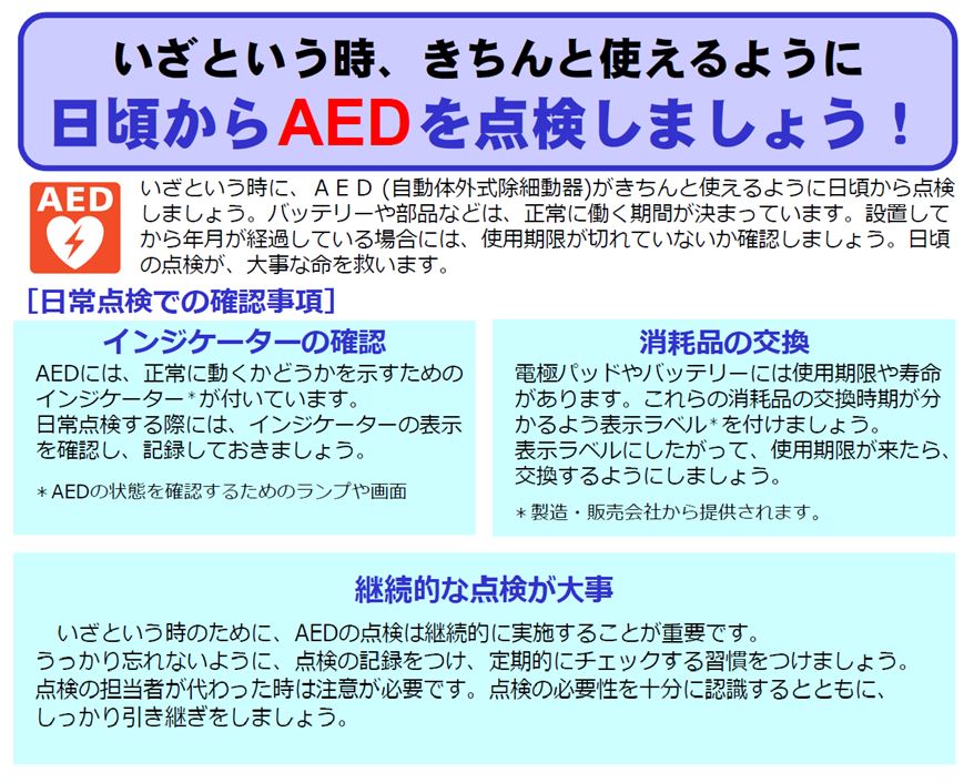 AED点検(厚労省パンフレット抜粋) AED点検(厚労省パンフレット抜粋)