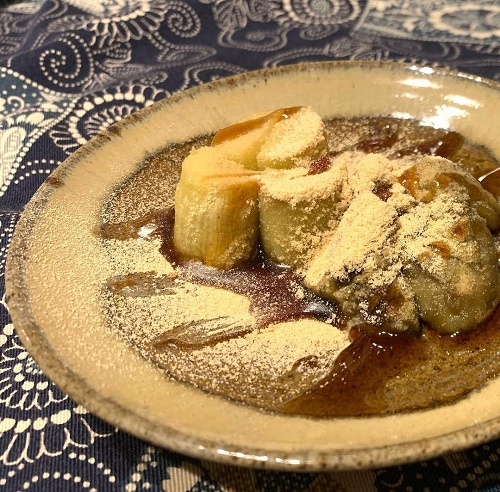「焼き茄子と黒みつきな粉の和スイーツ」